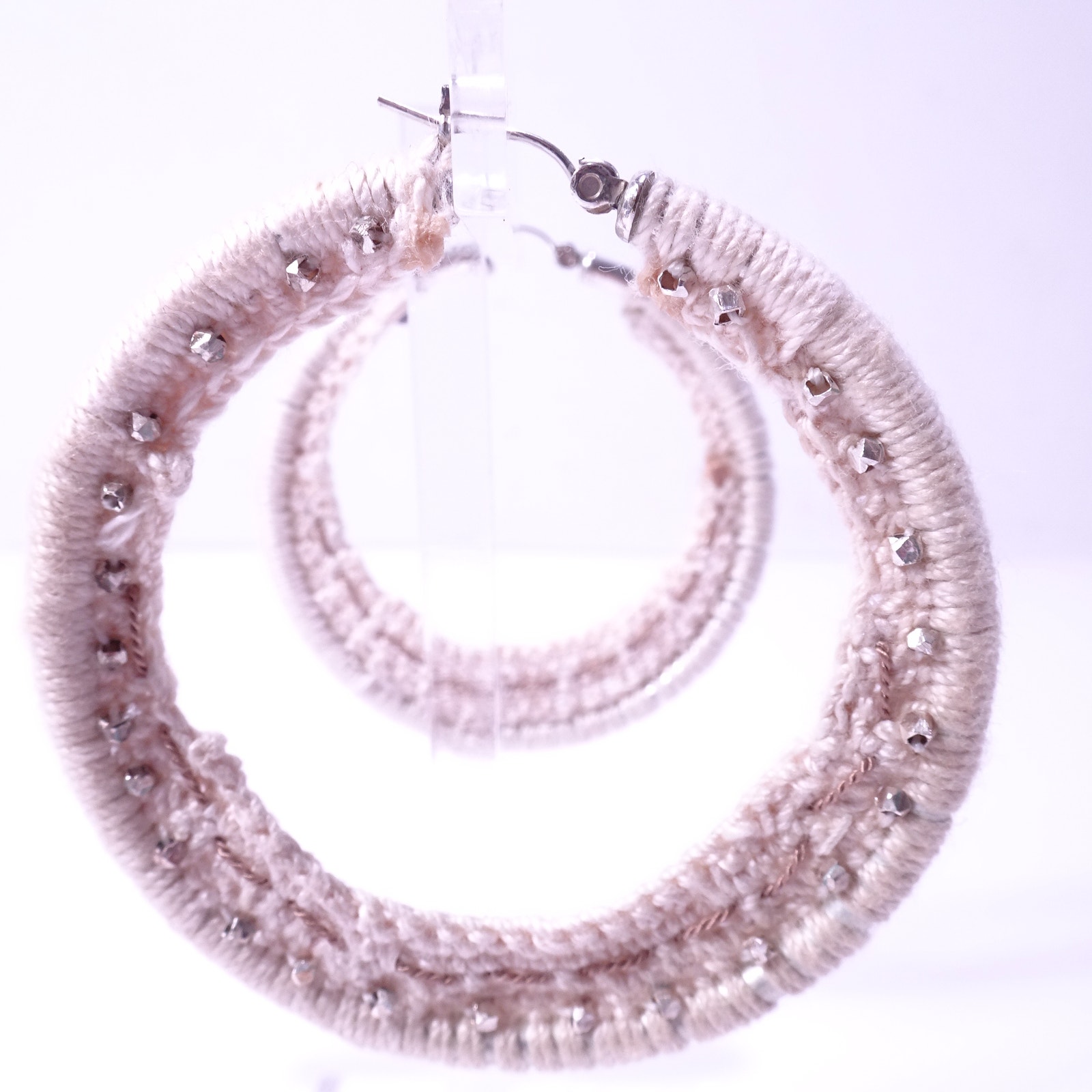 Lee Angel Womens Cream Crochet Silver Stud Hoop Earrings Nwt 198 15$